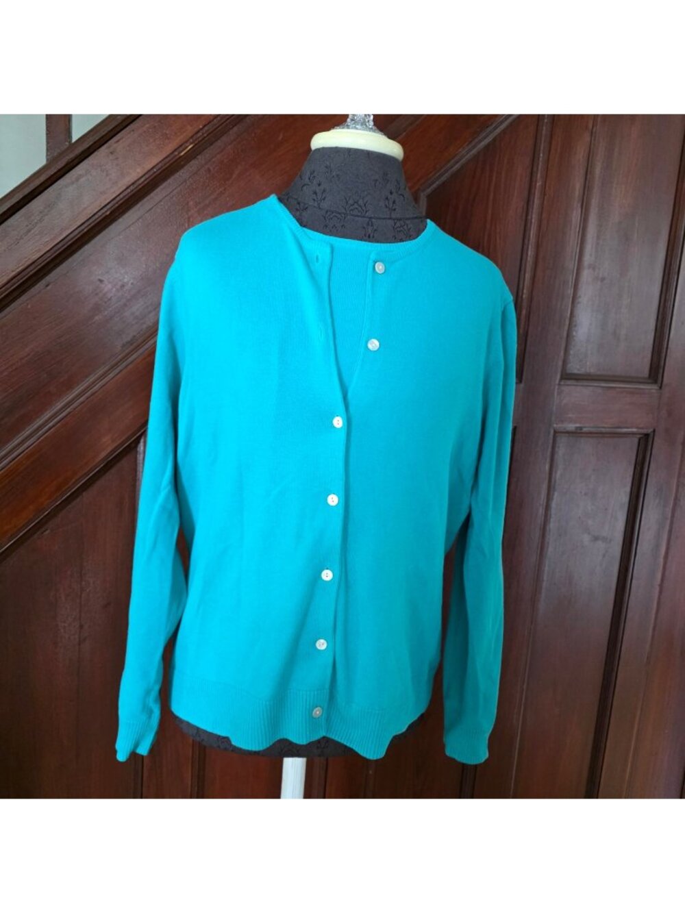 Lands End Turquoise Button-Front Cardigan Short-Sleeve Sweater Set Size M
